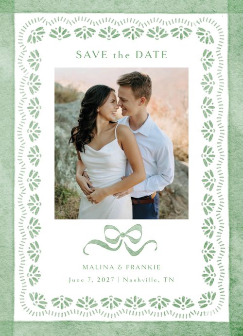 Brides + Minted Green Patterned Save-the-Date With Watercolor Bow Detail