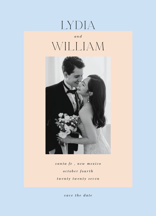Brides + Minted Blue and Pink Color-Blocked Save-the-Date With Black and White Couple Photo