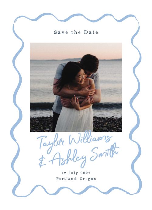 Brides + Minted Save-the-Date With Blue Squiggly Border and Calligraphy-Style Writing
