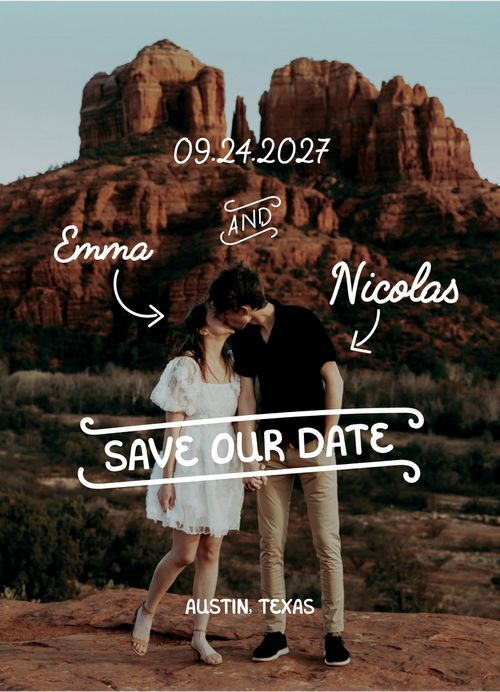 Brides + Minted Photo Save-the-Date Card With Calligraphy Style Writing Over Top