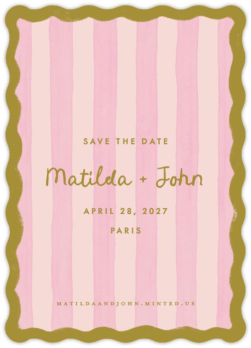 Brides + Minted Save-the-Date With Pink Stripes and a Squiggly Green Border