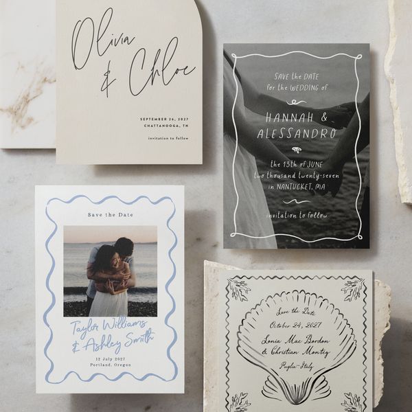 Minted + Brides Save-the-Date Cards on Marble Backdrop