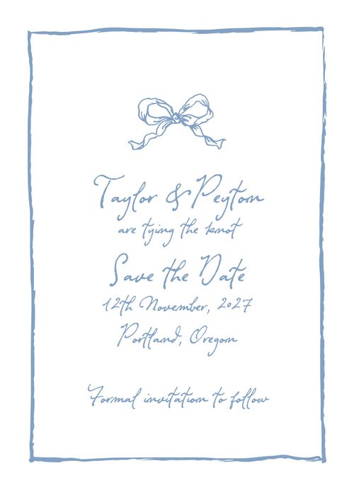 Brides + Minted Save-the-Date With Blue Illustrated Bow and Thin Border