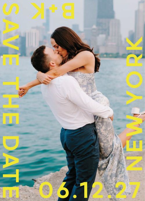 Brides + Minted Photo Save-the-Date With Bold Yellow Block Print Writing Around the Eges
