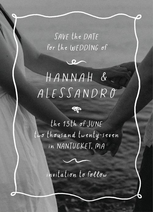 Minted + Brides Save-the-Date With Black and White Photo and Hand-Drawn Writing Over Top