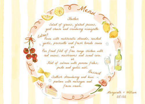 Minted + Brides Wedding Color of the Year 2025 Verona Sunset Artfully Hand-Drawn Wedding Reception Menu