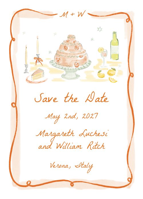 Minted + Brides Wedding Color of the Year 2025 Verona Sunset Artfully Hand-Drawn Save-the-Date Card