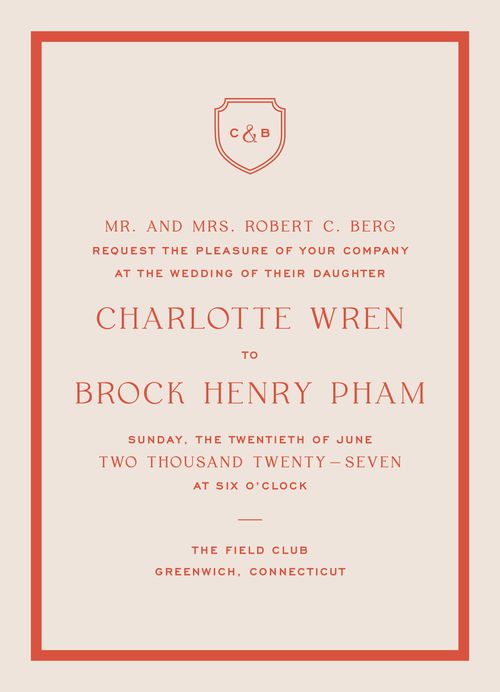 Minted + Brides Wedding Color of the Year 2025 Verona Sunset Modern Prep Wedding Invitation