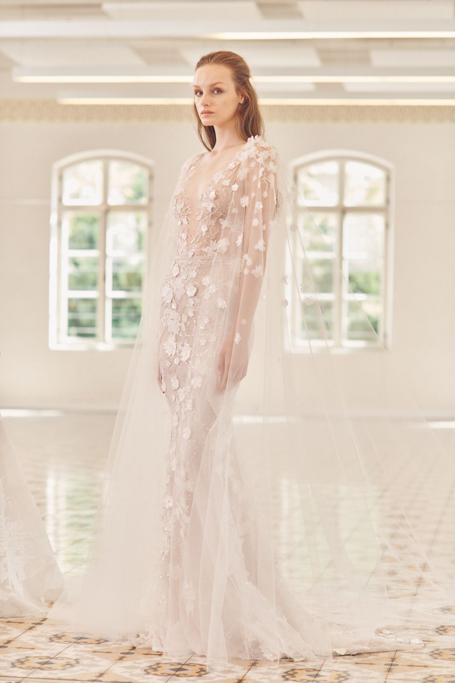 wedding dress with sheer cape