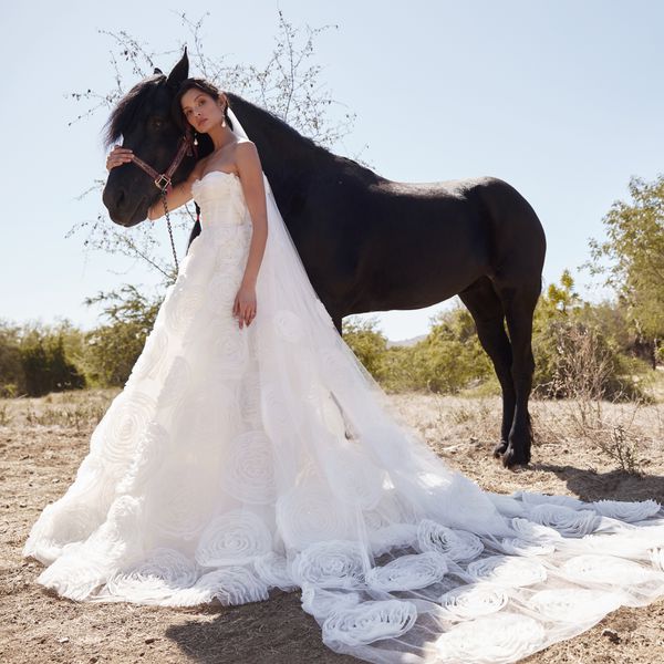 Strapless White Wedding Gown With Large White Tulle Flowers on Dress and Long Veil