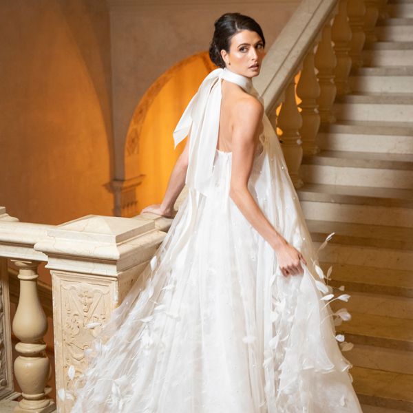 Baggy Halter Top White Wedding Dress With Feather Overlay