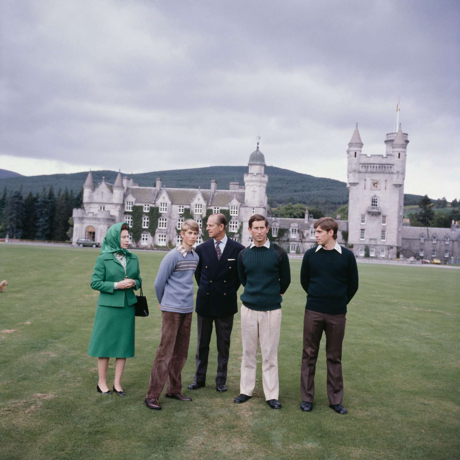 Queen Elizabeth II, Prince Philip, and Their Sons Outside Balmoral Castle
