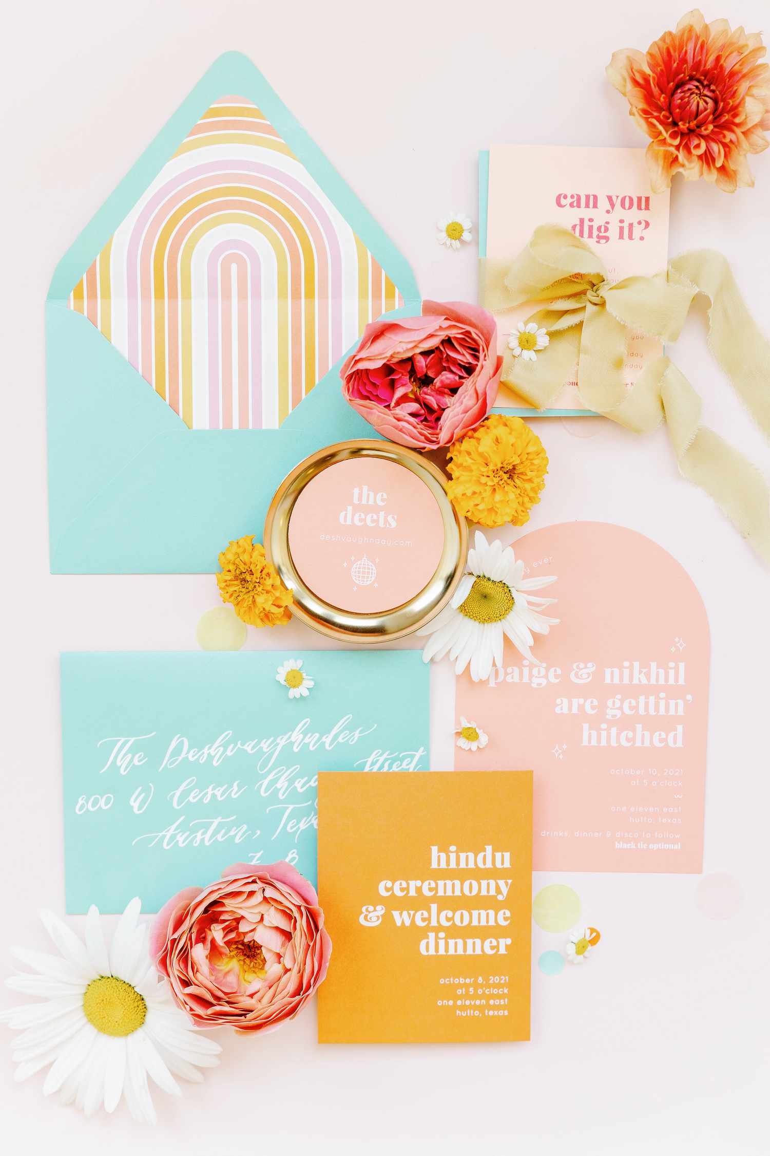 colorful invitation suite with arched liner