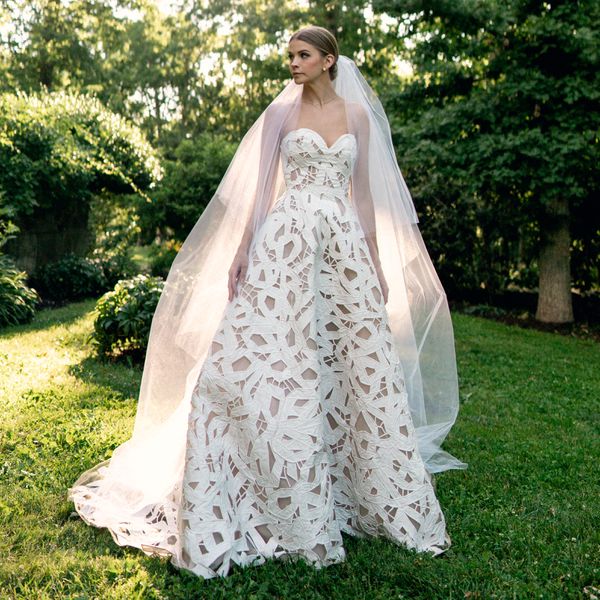 bride wearing a strapless wedding dress