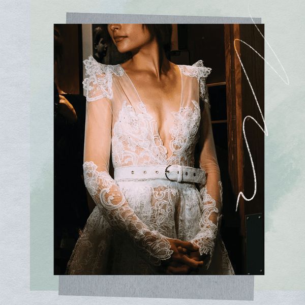 Bride in Deep V Wedding Dress with Golden Tan