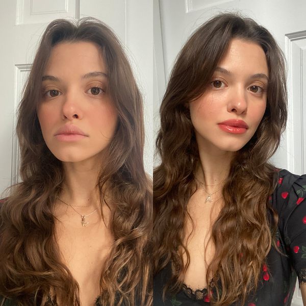 Peripera Lip Tint Befpre and after a tester standing by a white door