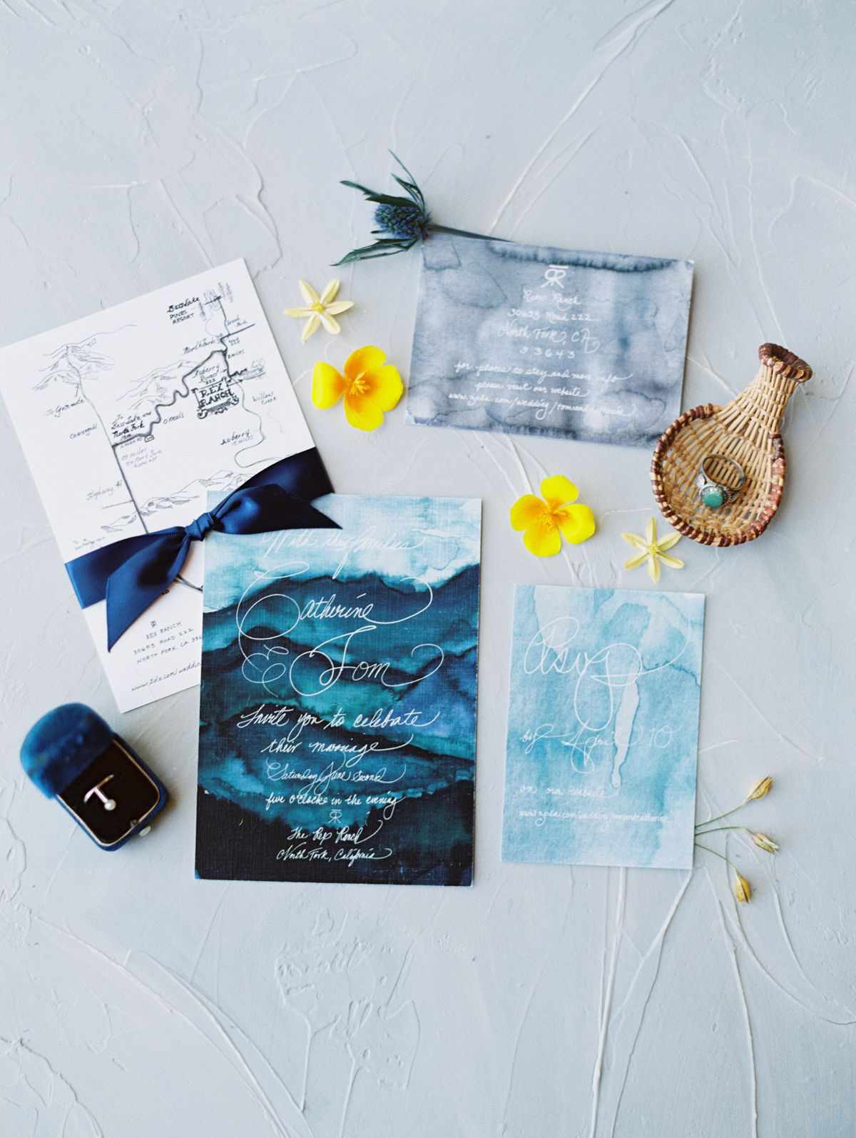 blue tye dye wedding invitation