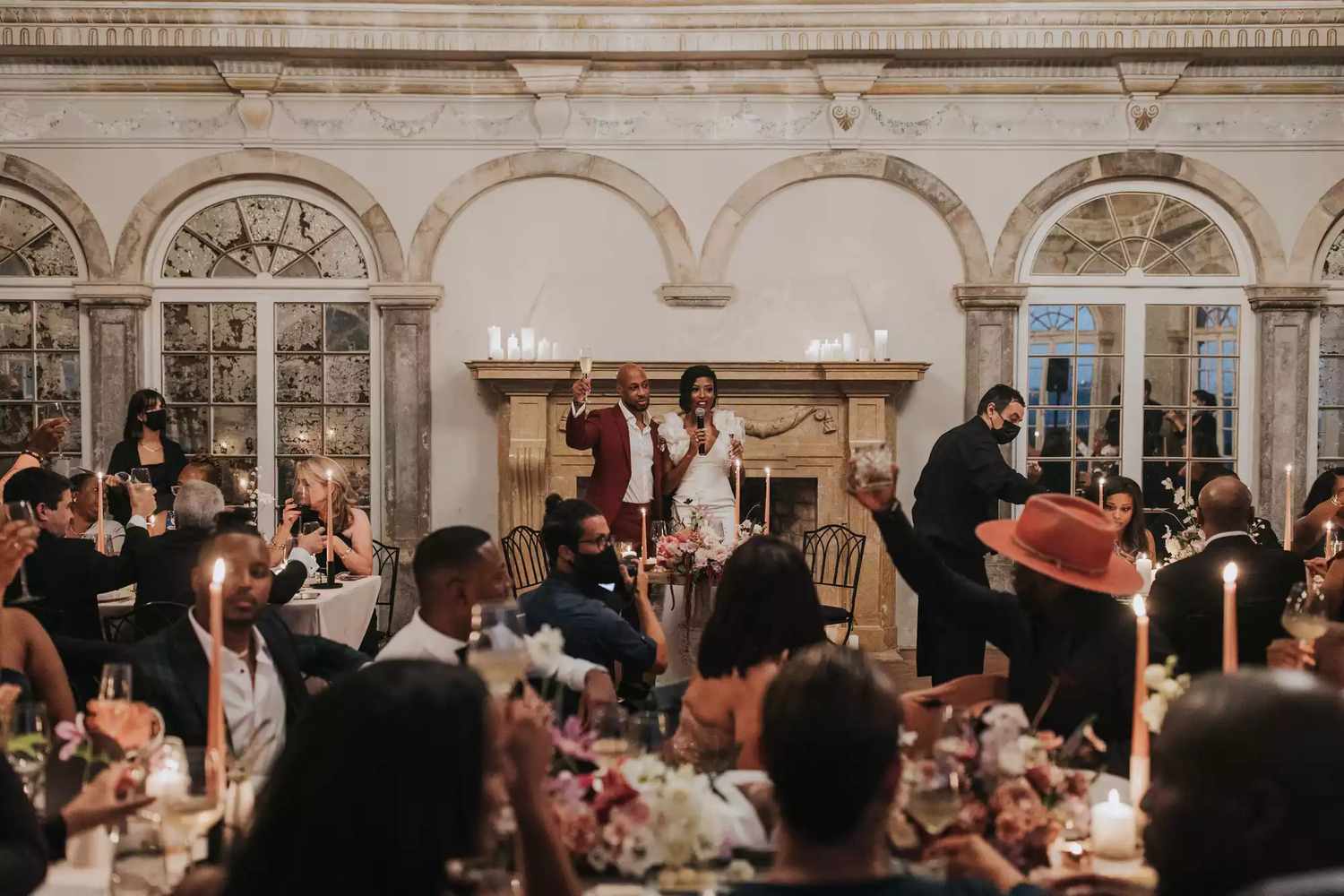 Couple giving wedding speech during their wedding entrance