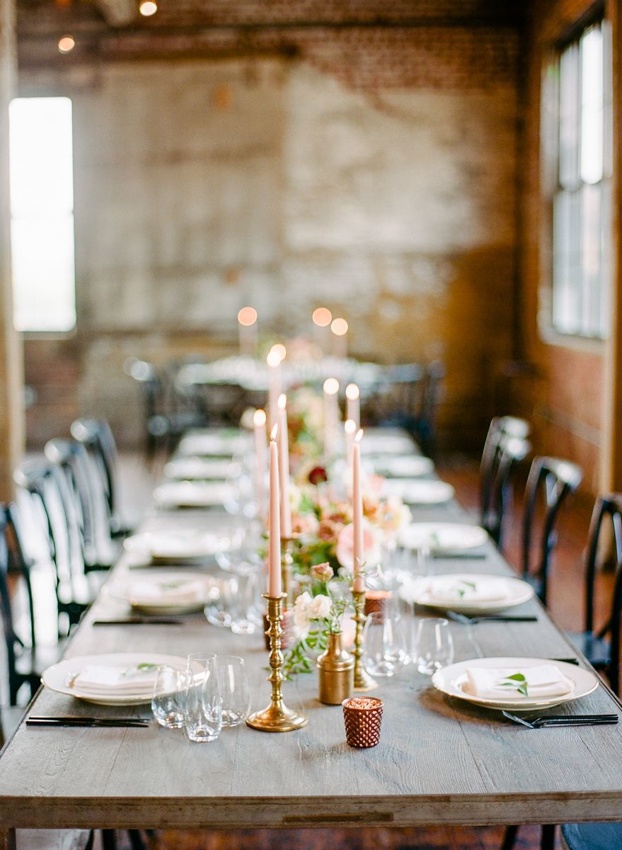 mixed metal centerpiece with blush pink candles and rustic modern theme