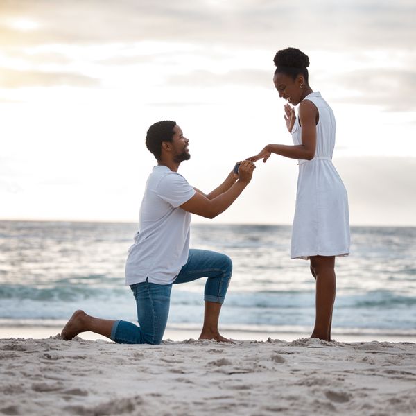 Man getting down on one knee and putting a ring on his girlfriend
