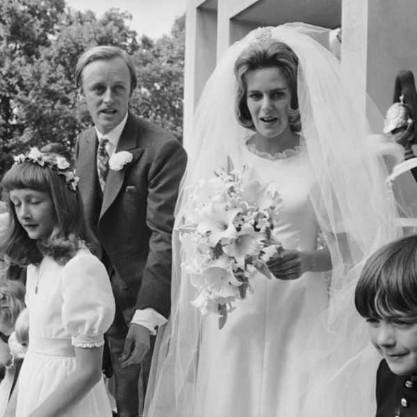 Camilla Parker Bowles in Wedding Dress and Veil and Andrew Parker Bowles With Flower Girls at Wedding