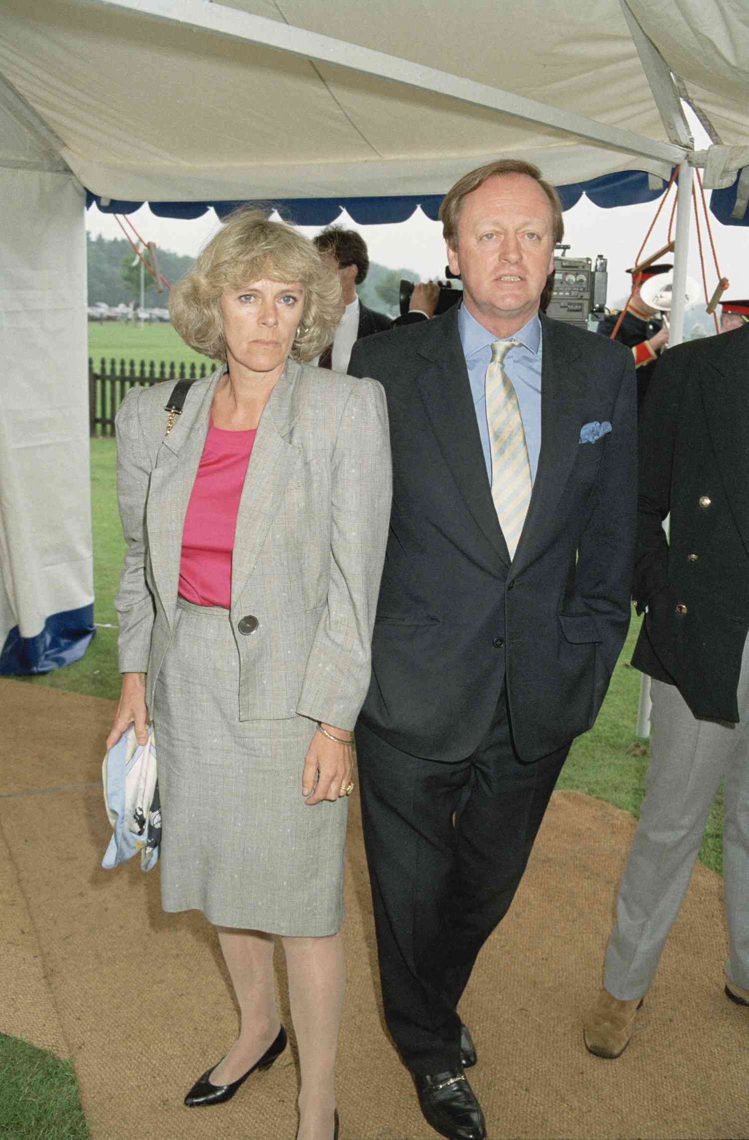 Camilla Parker Bowles in Gray Suit With Pink Suit and Andrew Parker Bowles Photographed at Polo Match in 1992