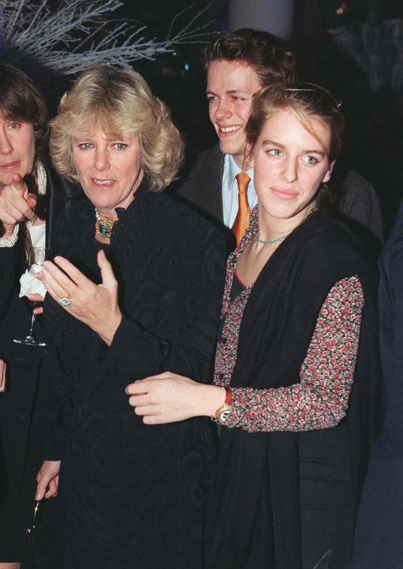 Camilla Parker Bowles in Black Coat and Topaz Ring Next to Children Tom and Laura