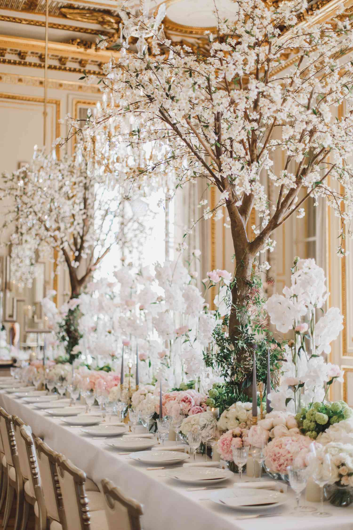 white blossom tree centerpiece