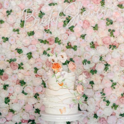 Bridal shower cake in front of sign and flower wall