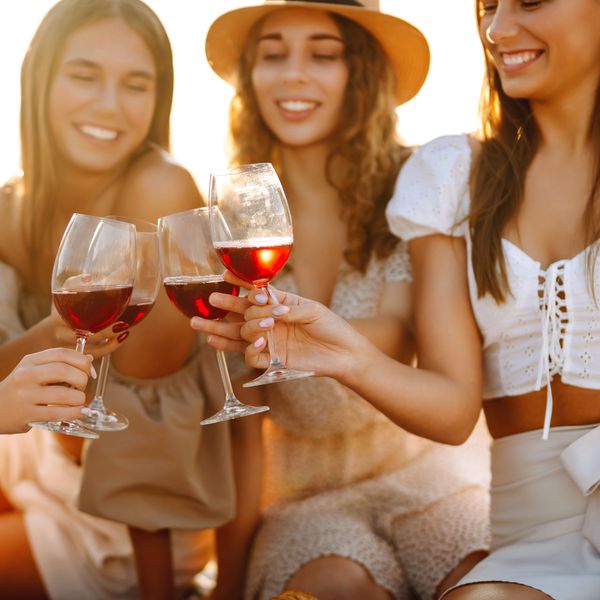 Trio of Woman Smiling and Doing a Cheers While Holding Glasses of Red Wine