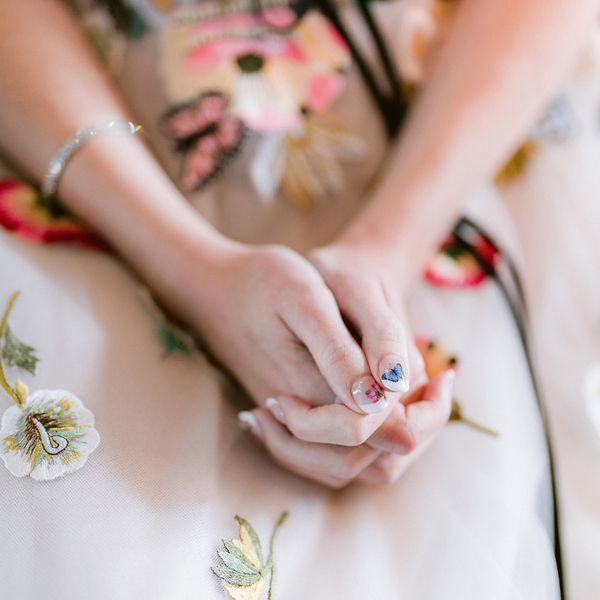 French Manicure With Colorful Illustrations of Flower and Butterfly