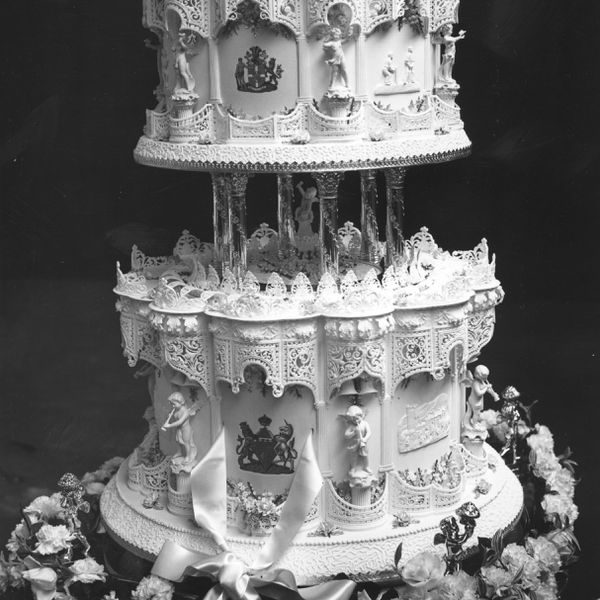 Closeup of Queen Elizabeth II and Prince Philip's Ornate Tiered Wedding Cake 