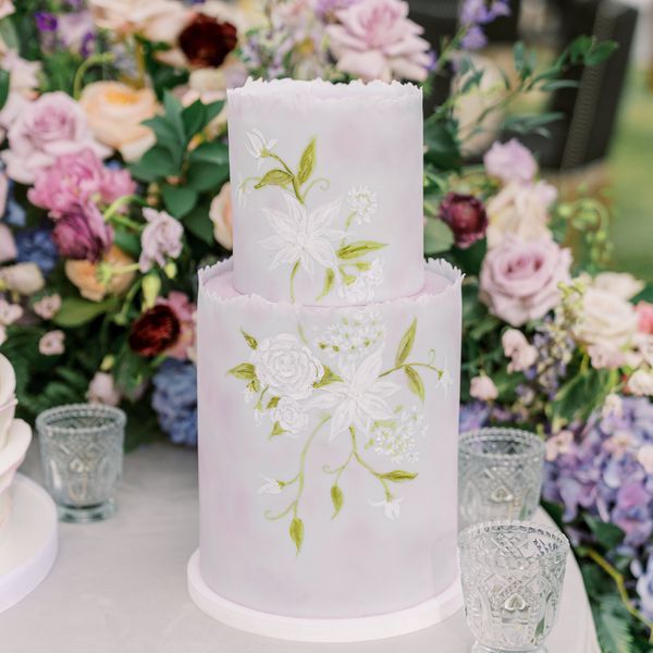Two-Tier Watercolor Wedding Cake With Painted Florals