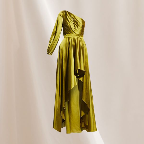 green one-shoulder wedding guest dress