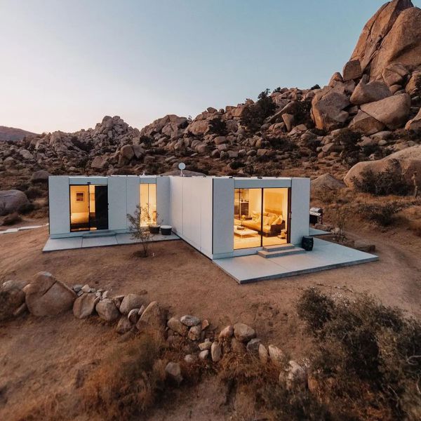 modern box home in the middle of the desert in joshua tree, california