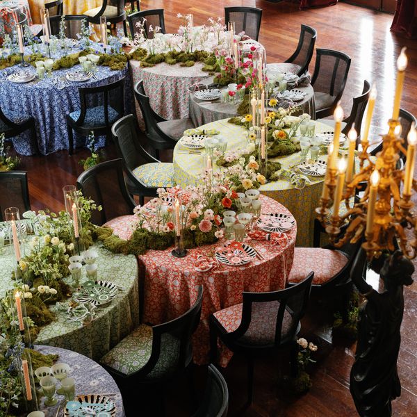 Round Wedding Tables With Mix-and-Match Linens and Moss Garland