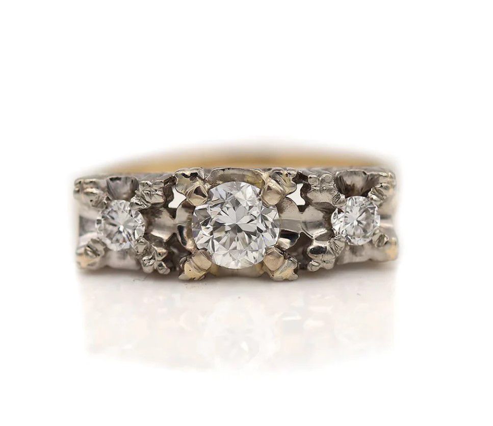 Vintage Diamond Ring Two Tone 3 Stone Illusion Set Old European Cut Diamond Ring