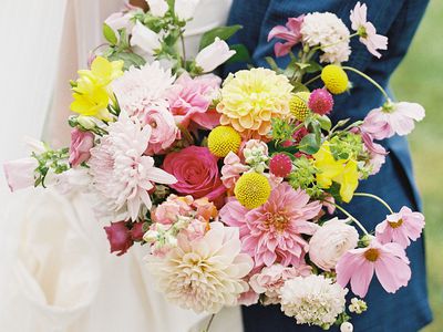pink and yellow dahlia wedding bouquet 