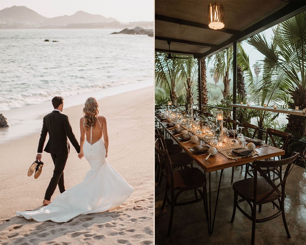 Couple holding hands walking on the beach and a tropical tablescape with maracas