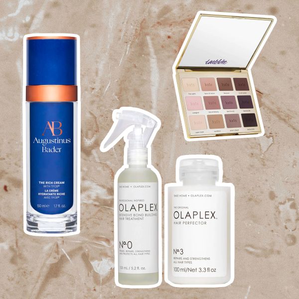 Bridal beauty products from Dermstore's Anniversary Sale collaged against a tan background