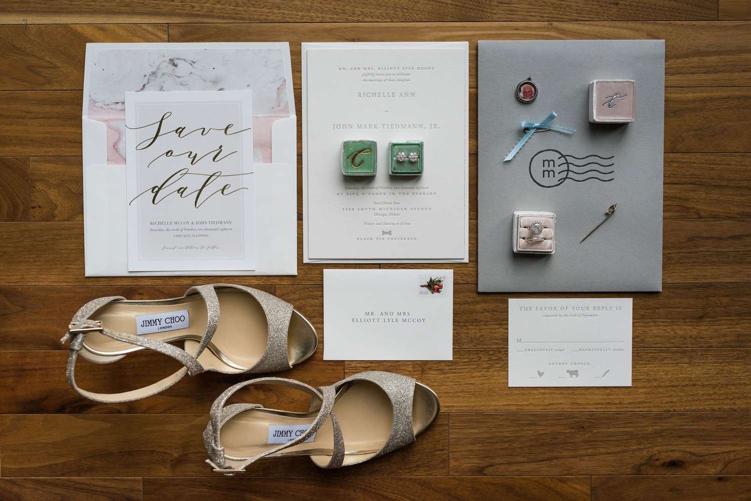 A neutral gray fall wedding invitation suite with sparkling bridal shoes and wedding jewelry.