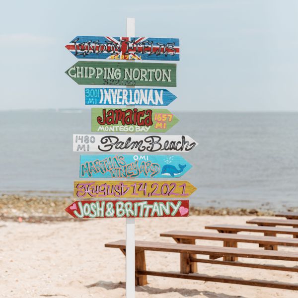 Travel-Themed Welcome Sign Displaying Different Destinations at a Beach Ceremony