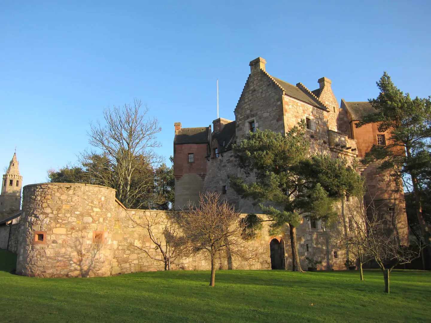 Exterior daytime view of historic Fife Castle, an Airbnb venue in Scotland.