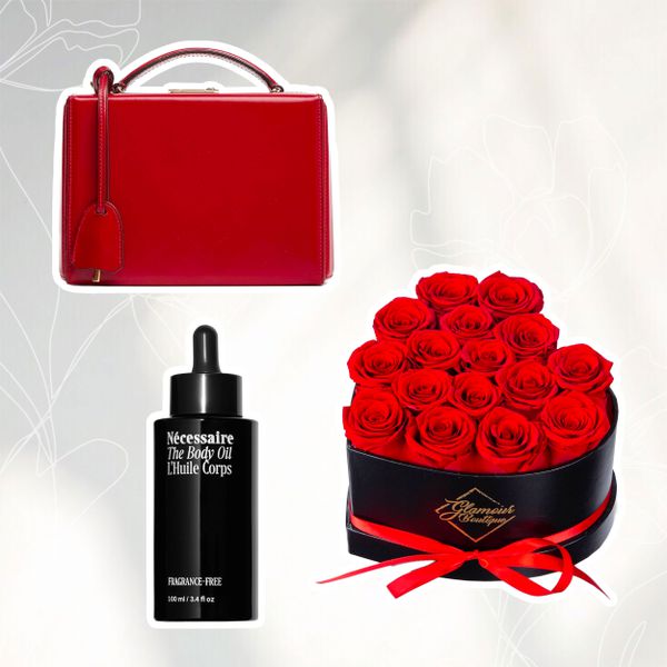 Valentine's Day gifts arranged on a light grey background