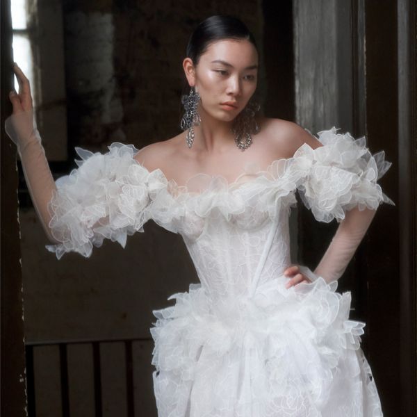 Fit and Flare Wedding Dress With Applique and Tulle Trimming and Sleeves