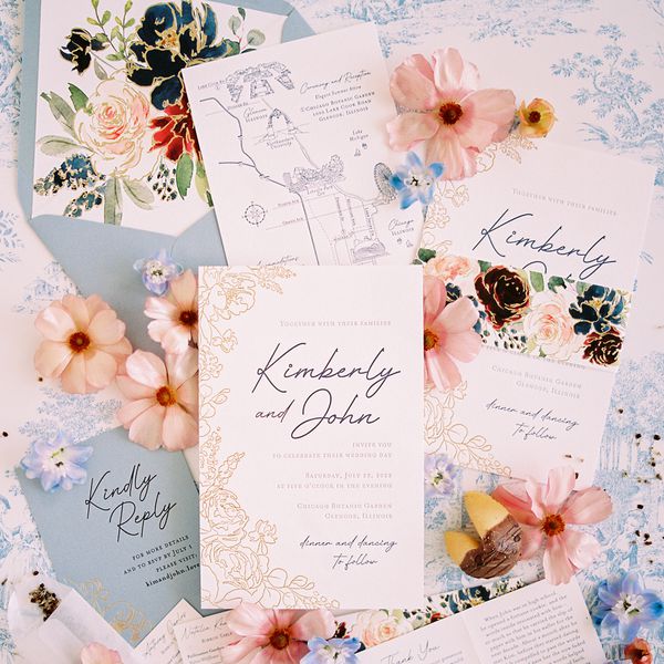 floral wedding invitation suite with illustrated map wedding details card