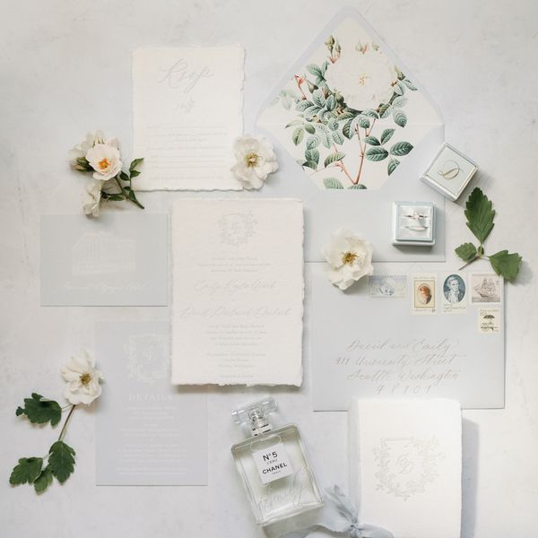 Neutral Wedding Invitation Suite With Deckle-Edge Paper and Vintage Stamps