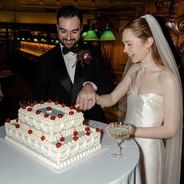 Couple Cutting Blue Double Wedding Sheet Cake With Lambeth Piping and Cherries