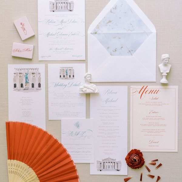 flat lay image of european-inspired wedding stationery