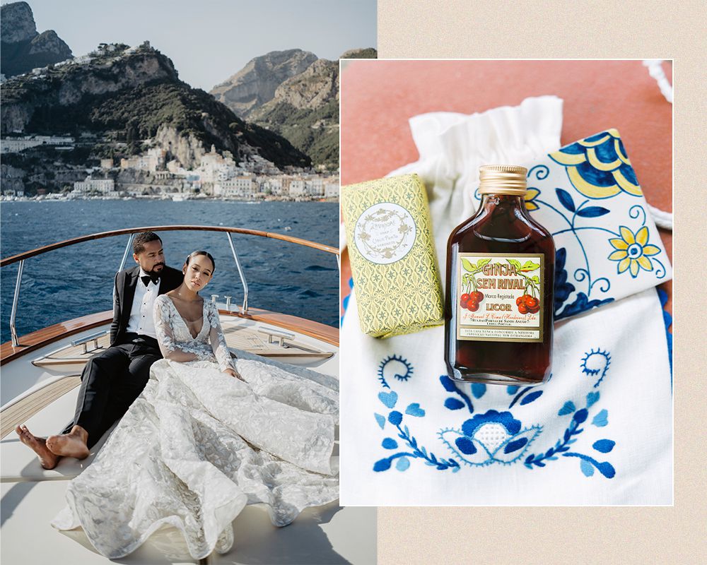 A couple on a boat in the Amalfi Coast and a welcome bag with Portuguese wine, bar soap, and tiles